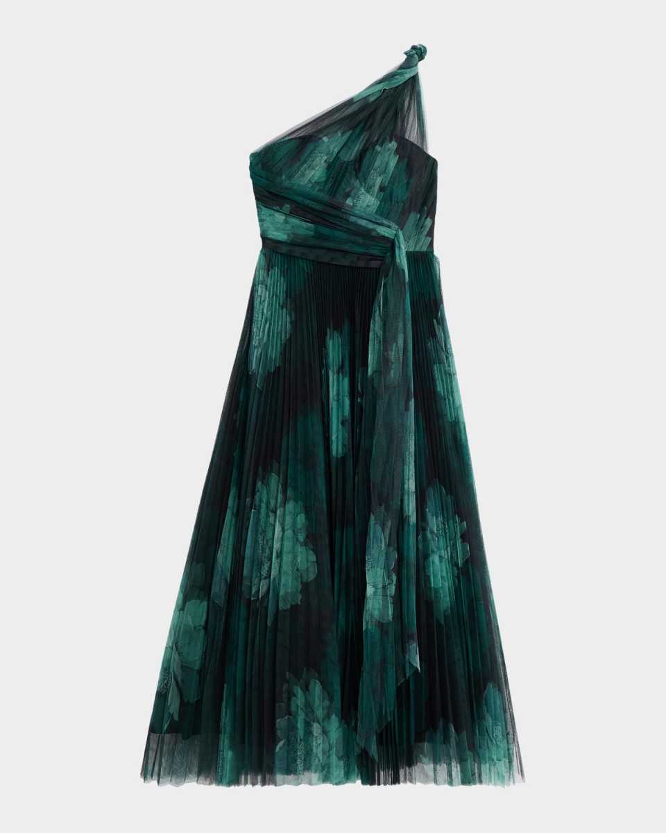 Philippa One-Shoulder Pleated Tulle Gown